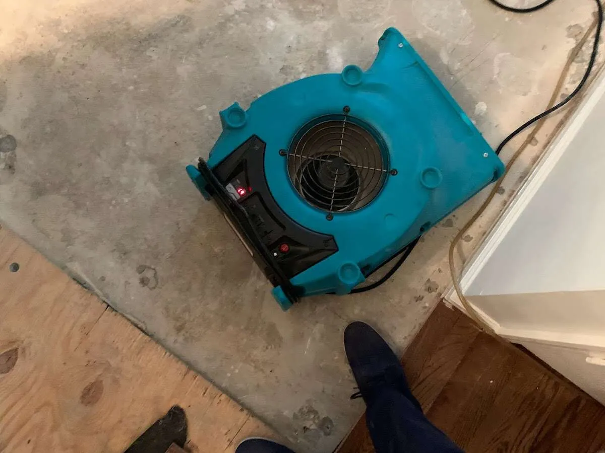 Air mover drying subfloor during Leak Detection & Repair in Merrydale